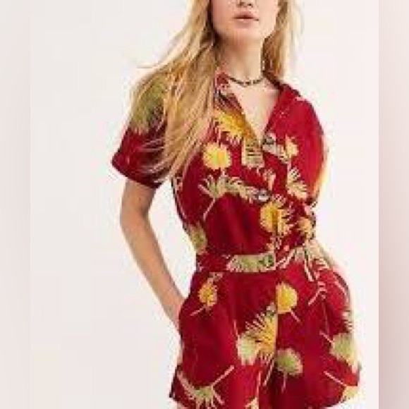 Free People Pants - Free People Malibu Romper in a red combo maroon tropical print Size Large